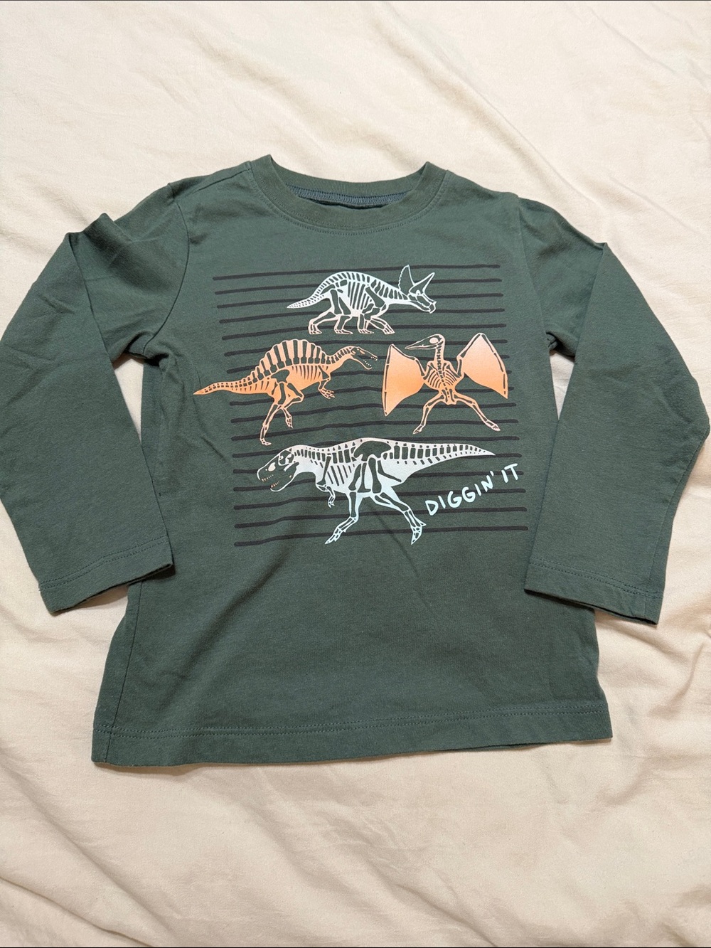 Carter's Green Long-Sleeve Dino Skeleton Tee with Orange Accents